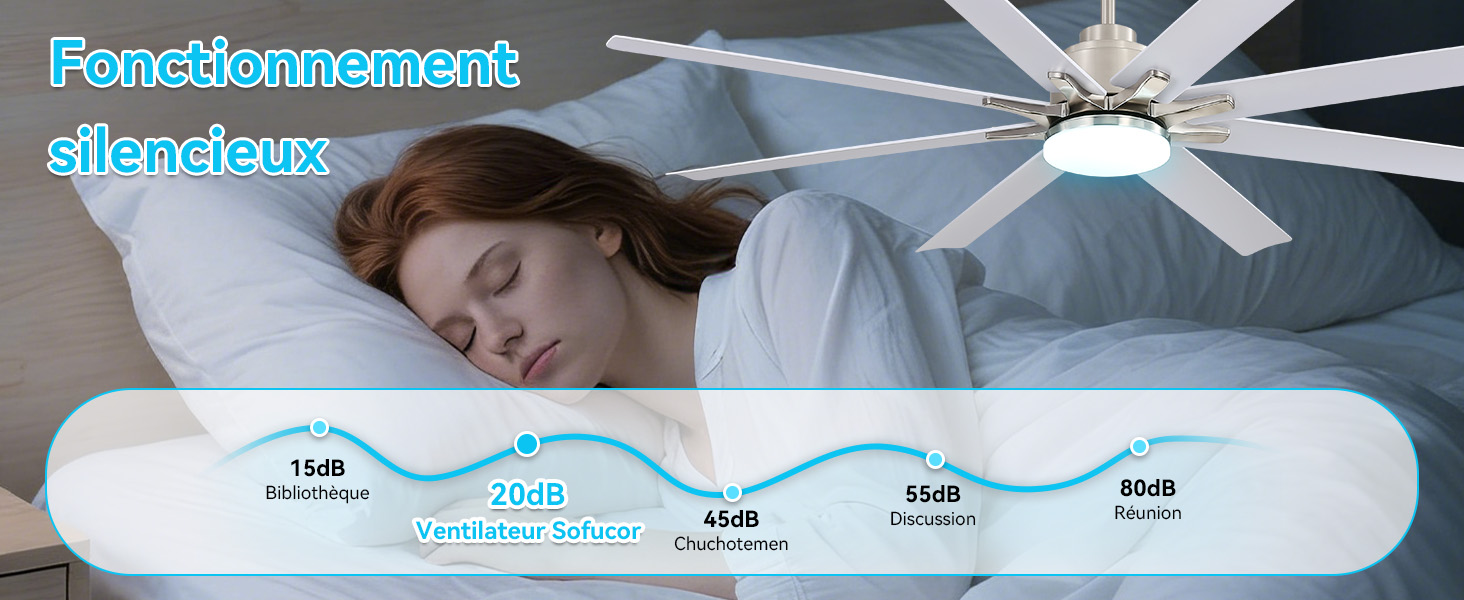 Le texte indique « Fonctionnement efficace » en haut. L'image montre une personne dormant avec un schéma de sommeil blanc ondulé ci-dessous affichant des icônes pour « 14 dB Geräusch », « 2000 tr/min », « 45 dB Luftströmung » et « Moteur ».