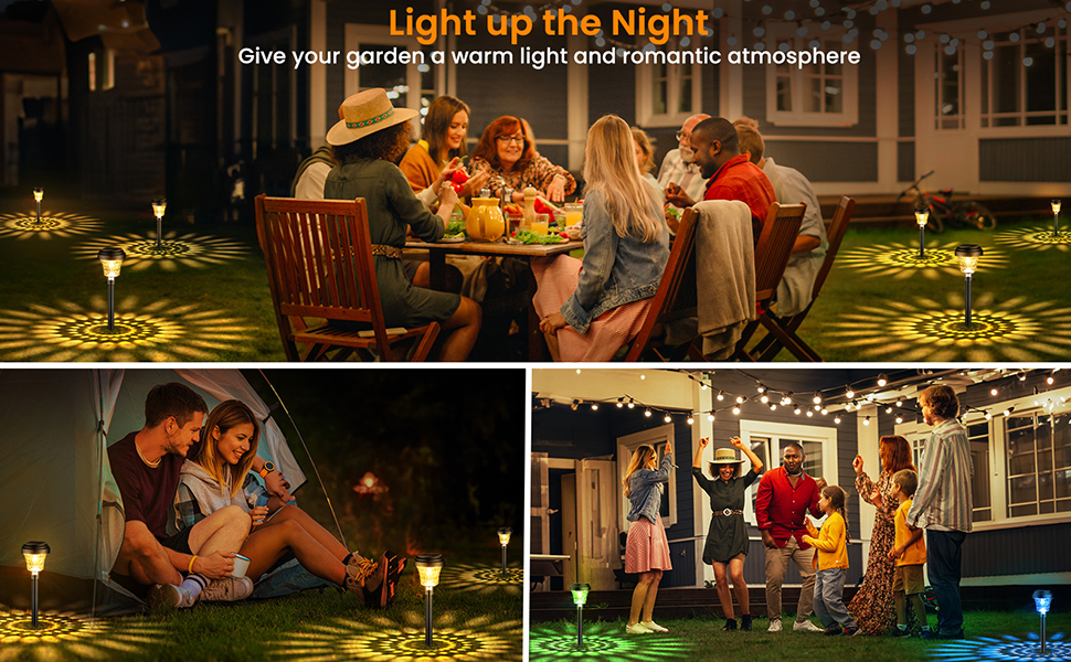 Outdoor solar-powered lights creating patterns on grass, illuminating gatherings of people enjoying nighttime activities in a backyard setting with string lights.