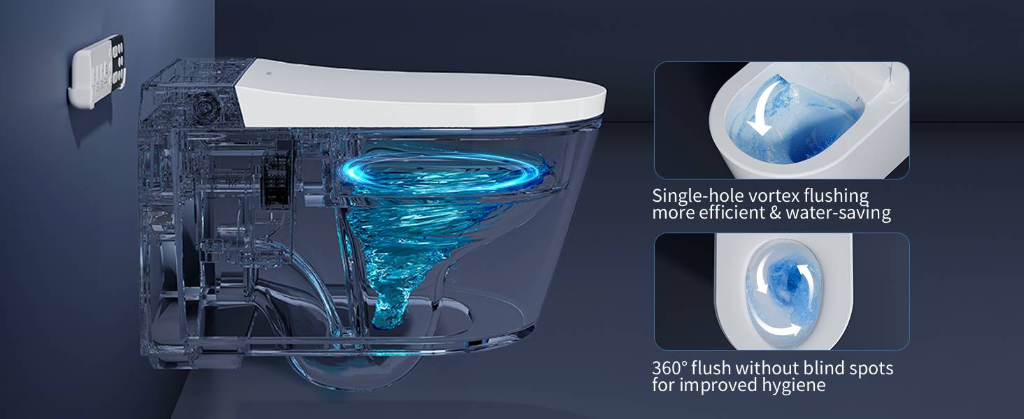 Text reads "Smart Purification Inlet", "Dust Elimination Outlet". Technical diagram showing internal filtration system components with blue illuminated water flow visualization and mechanical parts labeled.