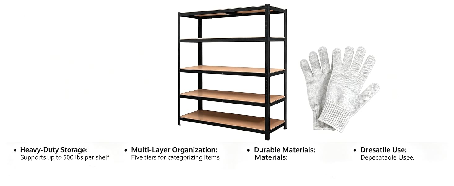 Text reads: 'Heavy Duty Storage Shelving', 'Multi-Layer Organization', 'Durable Materials', 'Versatile Use'. Black metal four-tier industrial shelving unit with wood shelves and pair of white work gloves displayed.