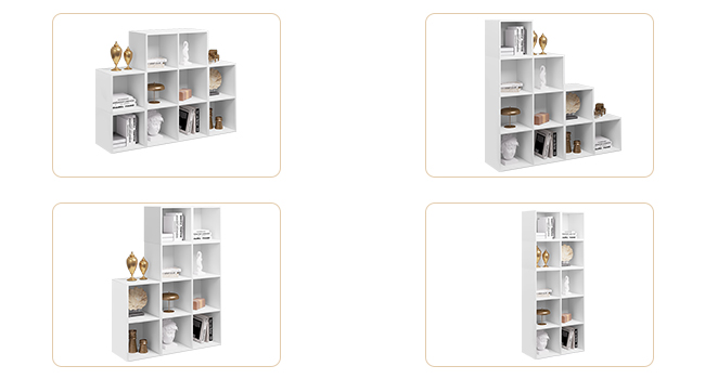 Scaffale modulare a cubo bianco disponibile in quattro configurazioni. Ogni immagine mostra diverse disposizioni di scomparti quadrati e rettangolari