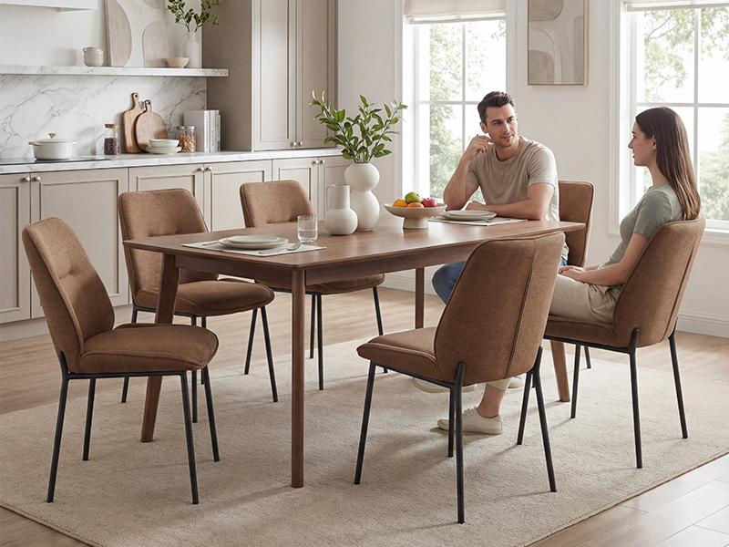 Modern dining room interior with couple seated at wooden table, four upholstered tan chairs, white kitchen cabinetry visible in background, neutral minimalist décor aesthetic.