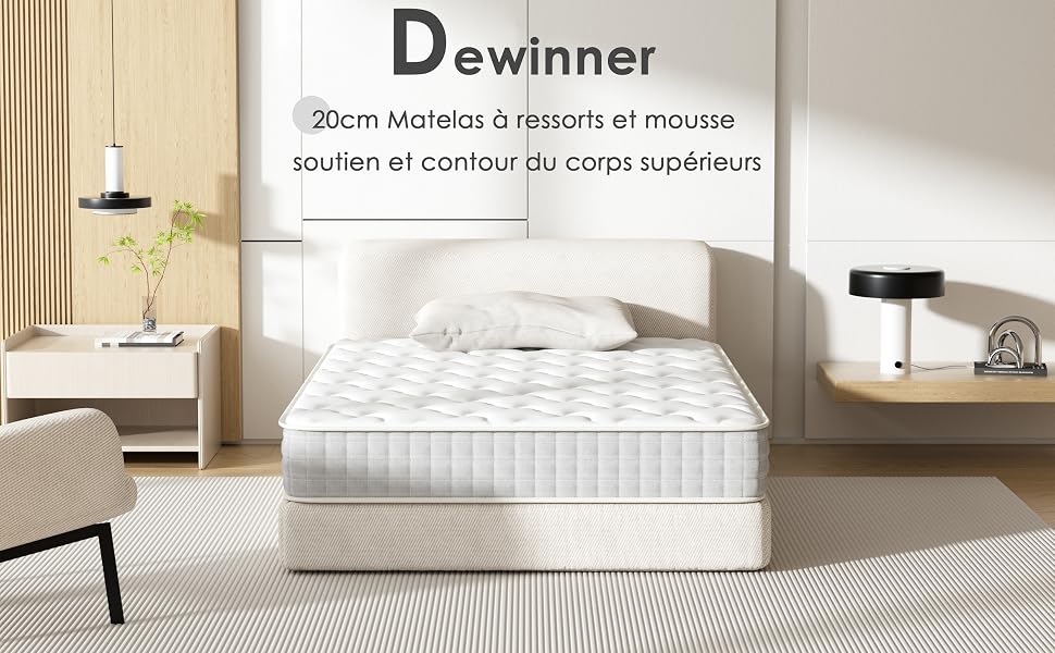 dotée d'un matelas blanc avec surface matelassée sur un cadre de lit de couleur claire. Le texte indique une épaisseur de 20 cm avec des ressorts et de la mousse pour le soutien du corps