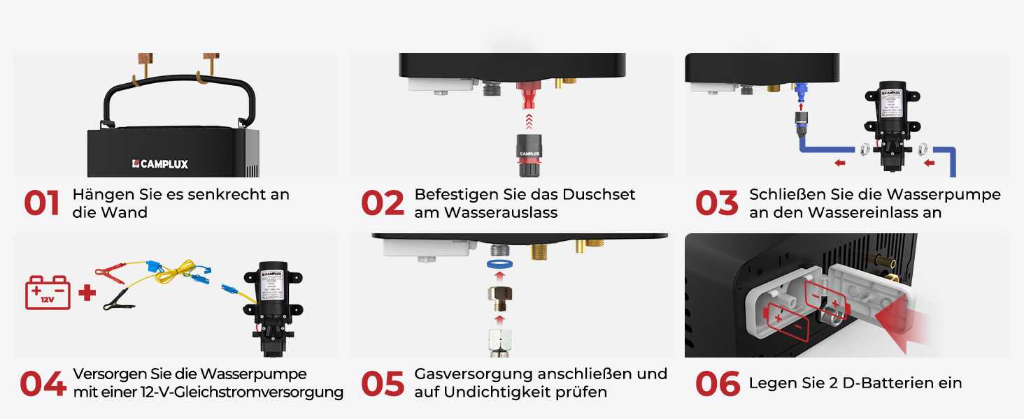 Schéma d'instructions montrant les six étapes d'installation d'une pompe à eau, y compris le montage, les tests de rotation, le raccordement aux conduites d'eau, la vérification de la tension et les tests d'étanchéité. Le texte est en allemand.