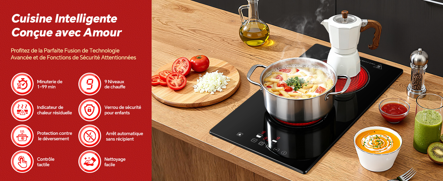 Le texte se lit comme suit : « Cuisine intelligente ». Scène de cuisine avec plaque de cuisson à induction, ustensiles de cuisine et infographie montrant les caractéristiques et les commandes de cuisson dans une palette de couleurs rouge