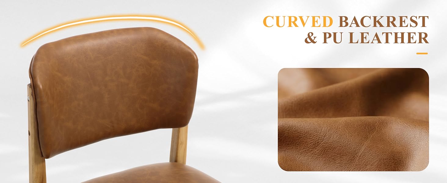 Text reads 'CURVED BACKREST &amp; PU LEATHER'. Brown upholstered chair shown from front and close-up of curved backrest detail with PU leather material texture visible.