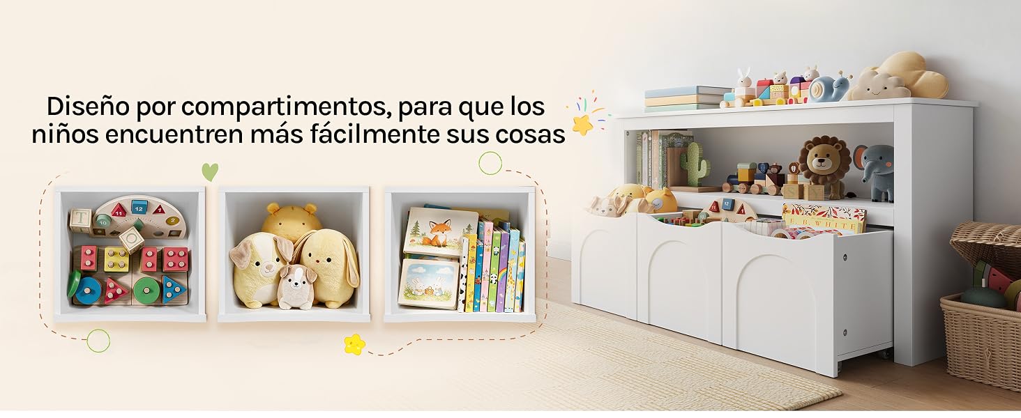 El texto dice «Diseño por compartimientos, para que los niños encuentren más fácilmente sus cosas». Armario de almacenamiento blanco con múltiples compartimentos y cestas tejidas, diseñado para la organización de los niños y el almacenamiento de juguetes.