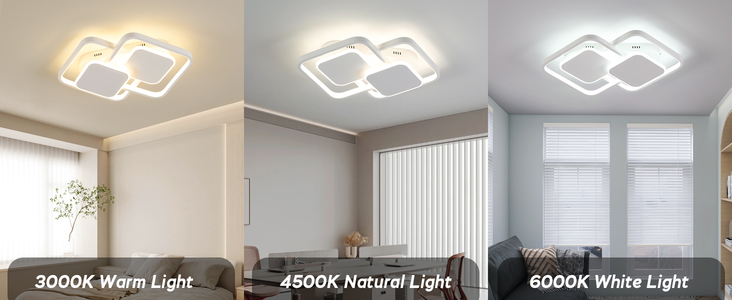 Moderne LED-Deckenleuchte in mehreren Ansichten mit weißem, gebogenem Design und integrierten Lichtpaneelen. Zeigt den Installations- und Beleuchtungszustand an.