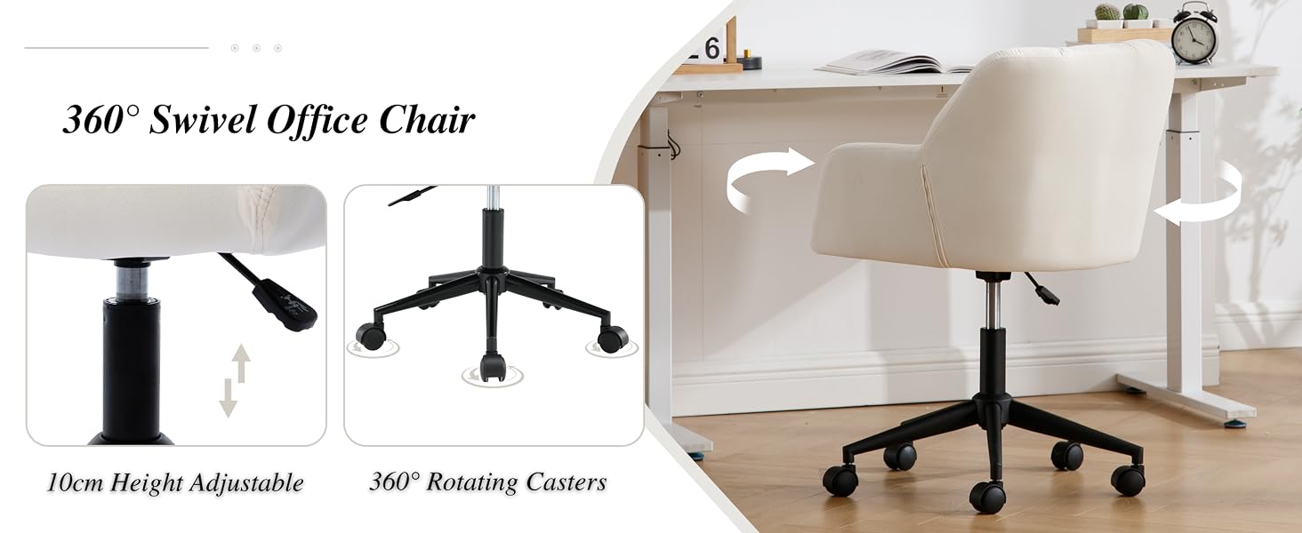 Text reads '360° Swivel Office Chair'. Beige office chair shown from multiple angles highlighting adjustable arm height and rotating casters on 5-star base.