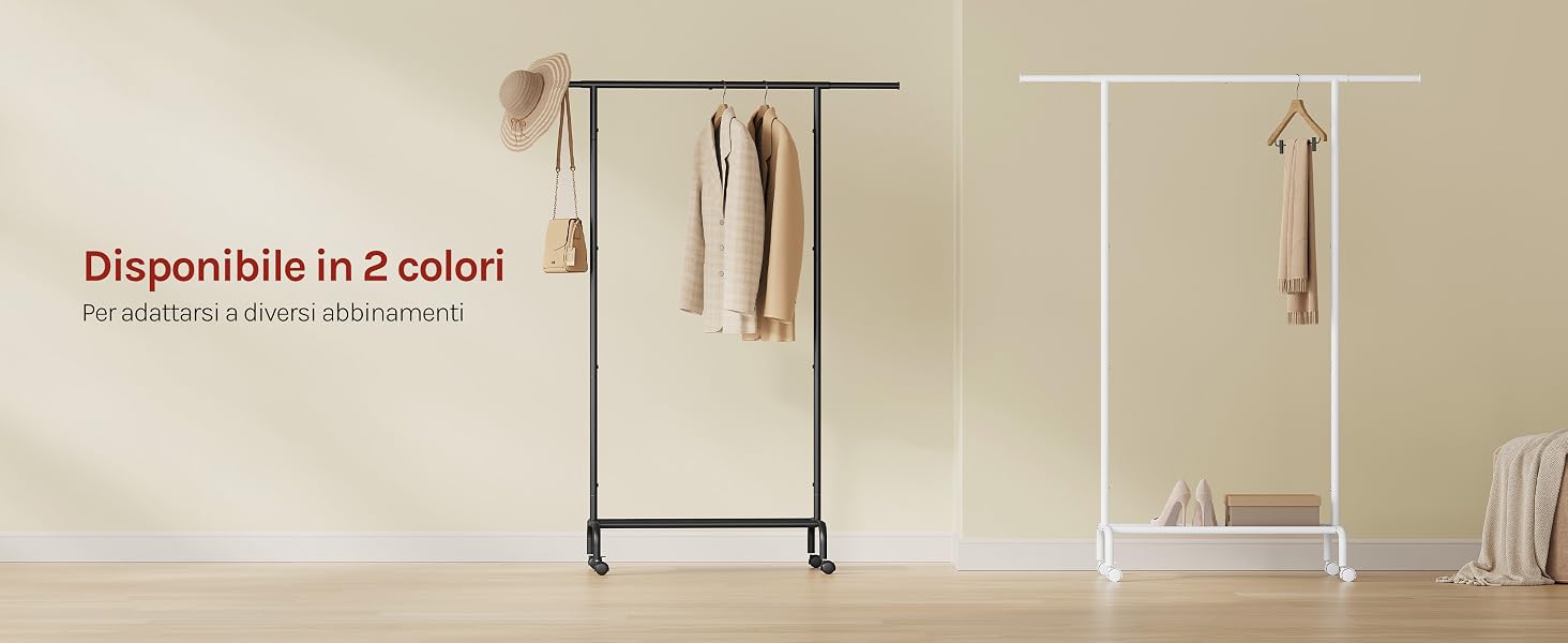 Il testo dice «Disponibile in 2 colori» e «con le vostre gambe». Due appendiabiti esposti fianco a fianco, uno con capi neri e uno con capi beige/crema appesi su supporti in metallo.