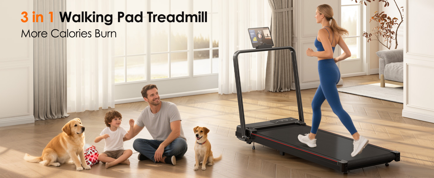 Le texte indique « Traitement Walking Pad ». Série d'images montrant un tapis de marche utilisé à la maison pour les entraînements de marche en intérieur.