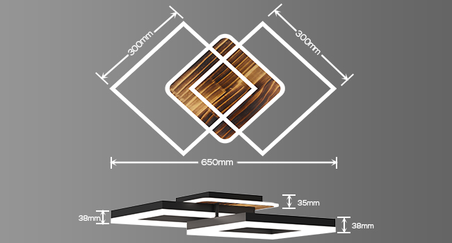 Technisches Diagramm, das mehrlagige quadratische Produktabmessungen bei 650 mm Breite mit drei Dickenmaßen von 38 mm, 30 mm und 38 mm