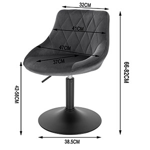 Diagrama de una silla giratoria negra con asiento acolchado, que muestra las dimensiones: 32 cm de ancho, 41 cm de profundidad, 88,8 cm de altura total y 38,5 cm