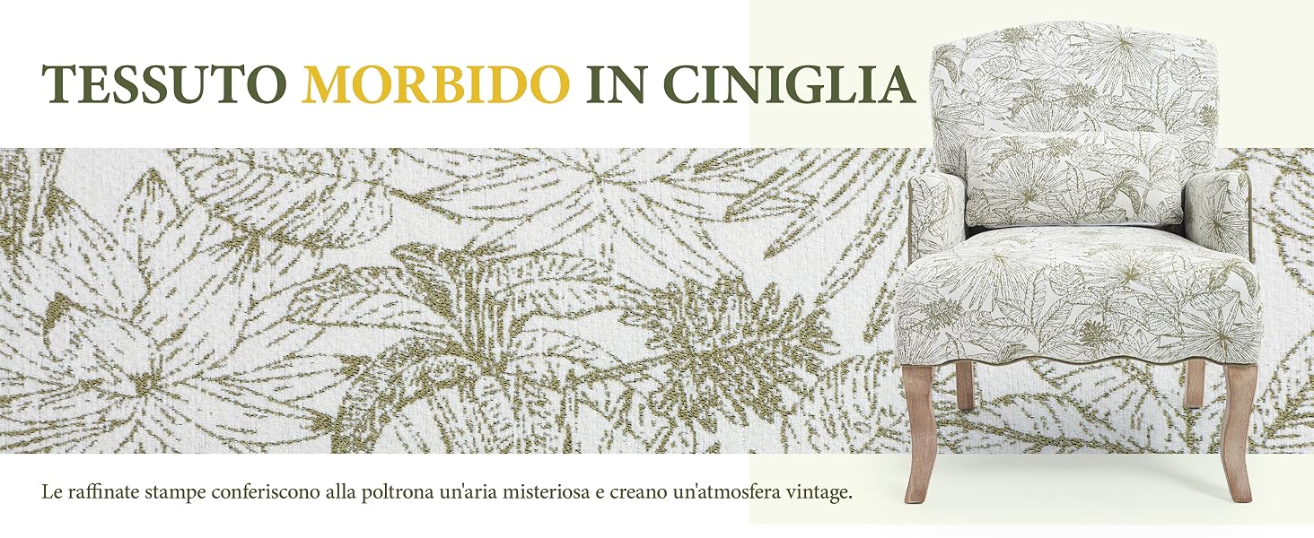 Il testo recita «TESSUTO MORBIDO IN CINIGLIA». Immagine composita che mostra una sedia in tessuto color crema testurizzato con cuscini decorativi in un'elegante camera da letto con carta da parati a motivi geometrici.