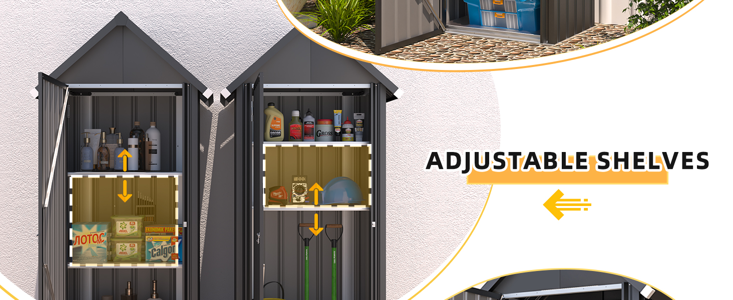 Outdoor storage cabinet with two house-shaped compartments and adjustable shelves, designed for organizing garden or patio items.
