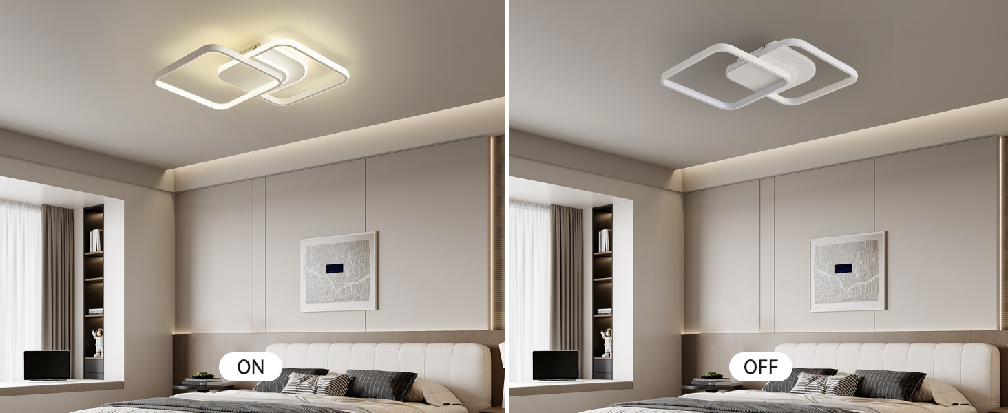 Zwei nebeneinander liegende Bilder zeigen eine moderne quadratische LED-Deckenleuchte im Schlafzimmer, die sowohl im ausgeschalteten als auch im beleuchteten Zustand vor einer weißen Decke gezeigt wird.