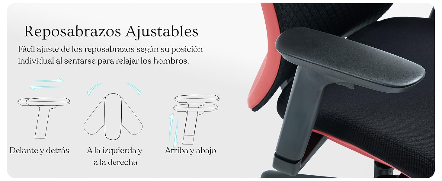 El texto dice «Reposabrazos Ajustables». El componente negro del reposabrazos tiene varios ángulos y muestra el mecanismo de ajuste y el proceso de instalación.