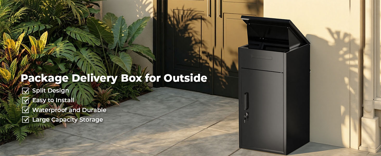 Der Text lautet „Paketlieferbox für draußen“ mit den aufgeführten Funktionen: „IP 44 — wetterfest“, „Leicht zu öffnen“, „Wetterfestes Design“. Schwarze Lieferbox für den Außenbereich, an der Außenwand in der Nähe von Pflanzen montiert.