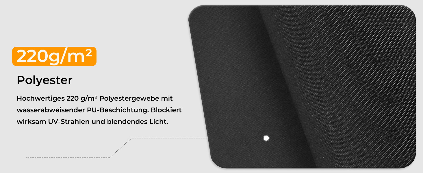 Der Text lautet: „220 g/m²“ und „Polyester“. Nahaufnahme von schwarzem strukturiertem Polyestergewebe.