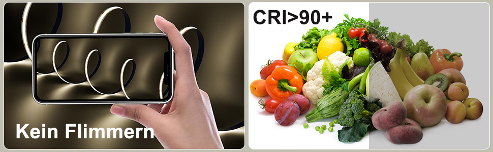 Geteiltes Bild: Links zeigt ein Smartphone in der Hand mit dem Text „Kein Flimmen“. Auf der rechten Seite wird eine farbenfrohe Auswahl an frischem Gemüse angezeigt. Der Text „CRI>90+“