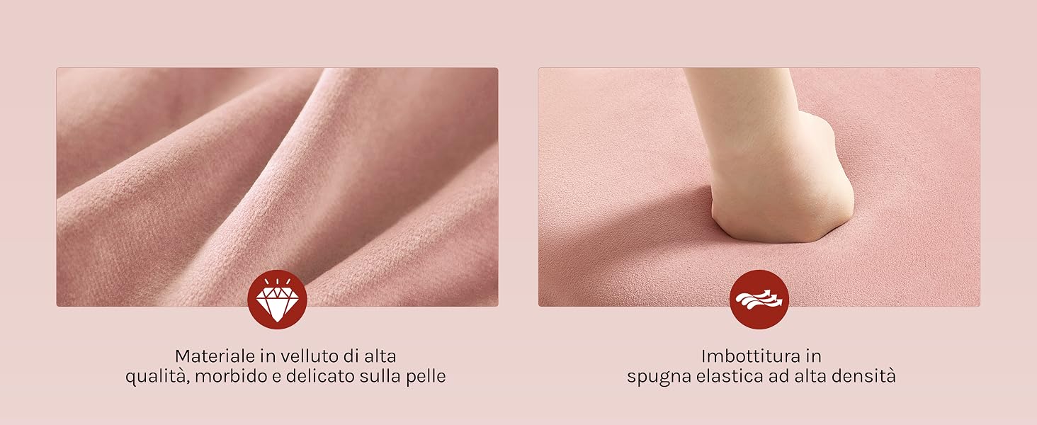 Immagine divisa: a sinistra mostra un tessuto strutturato rosa con l'icona del cuore. La destra mostra un dito che preme su un materiale morbido e rosa, dimostrando la sua natura elastica e spugnosa