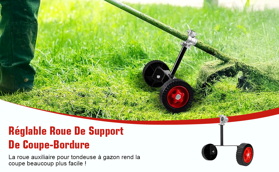 Le texte indique « Roue De Support De Coupe-Bordure Réglable ».
[SENTENCE 2] Support à roulettes rouge et noir pour coupe-bordures illustré sur gazon.