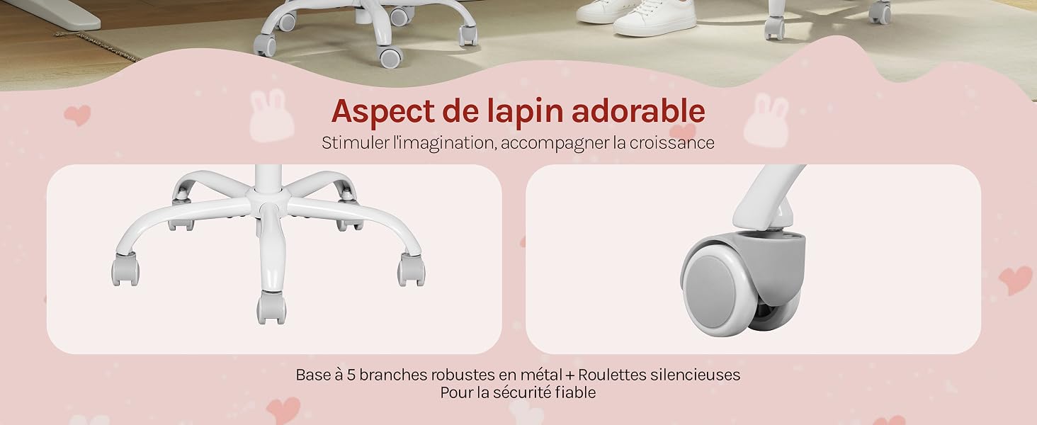 Le texte se lit comme suit : « Aspect de lapin adorable ». Images de démonstration de produit montrant un article sur le thème du lapin dans des tons roses avec plusieurs angles de vision.