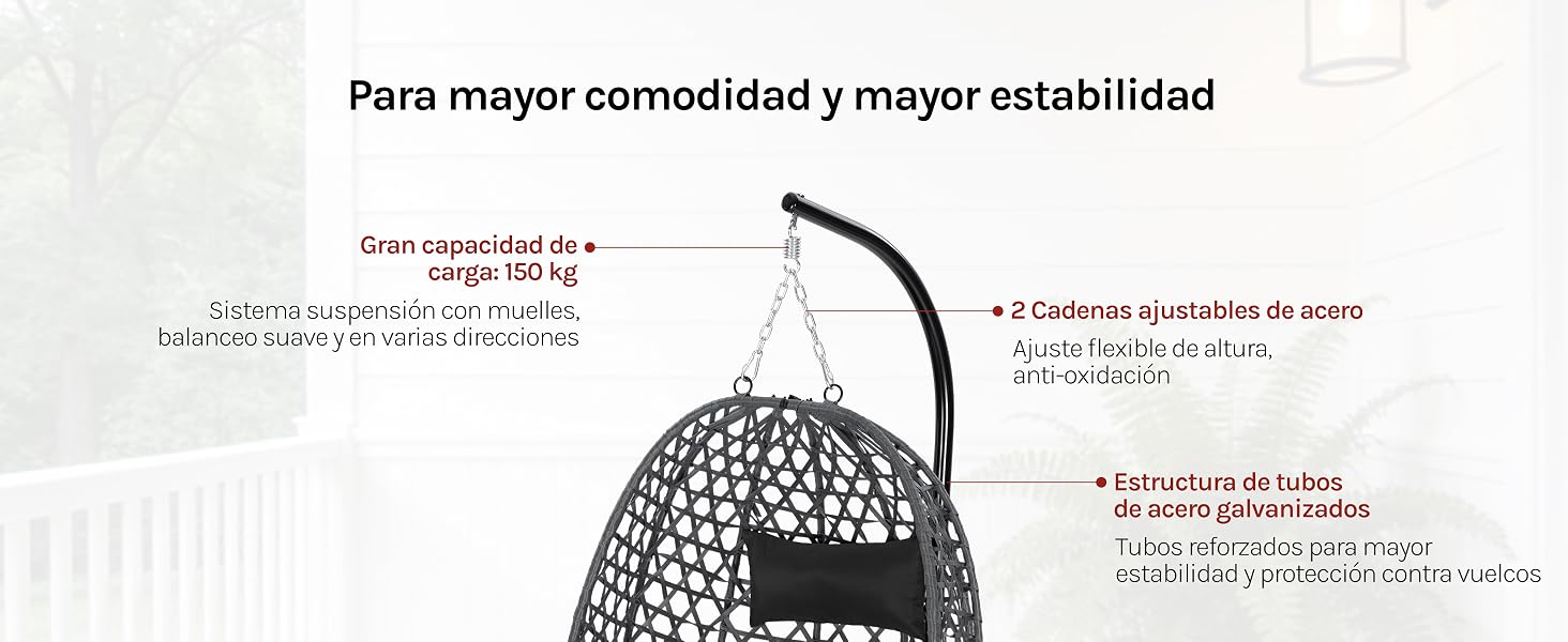 El texto dice «Para mayor comodidad y mayor estabilidad». Diagrama técnico o imagen de instrucciones con texto en español y flechas que apuntan a características específicas.