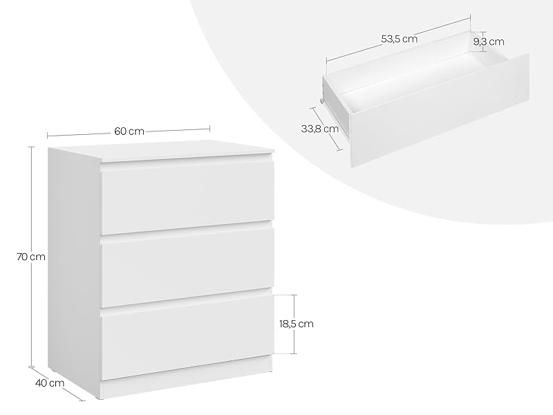 Das Produktdiagramm zeigt die Abmessungen der weißen Aufbewahrungseinheit mit drei Schubladen und den in Zentimetern angegebenen Maßen.
