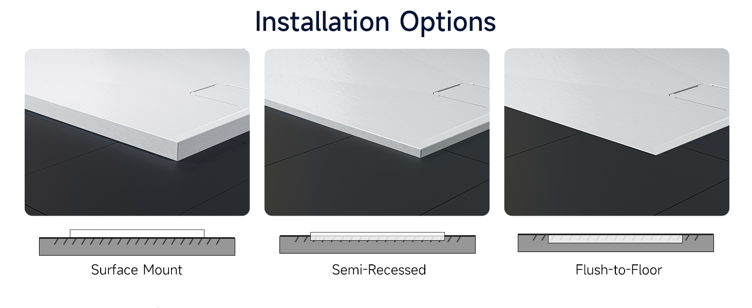 Text reads 'Installation Options'. Technical diagrams showing different mounting configurations for a product, with labels indicating surface mount and recessed options.