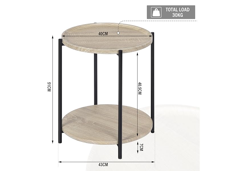 Round side table with two wooden shelves and black metal legs.
[SENTENCE 23] Dimensions shown: 42cm diameter, 50cm height.
[SENTENCE 24] Maximum load capacity: 20kg.