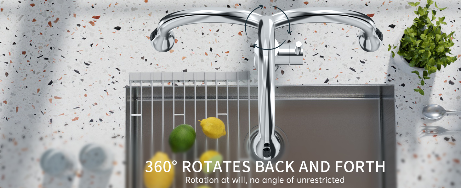 Kitchen faucet with a swivel spout that rotates 360 degrees. Chrome finish, dual-handle design, mounted on a speckled countertop with a stainless steel sink.