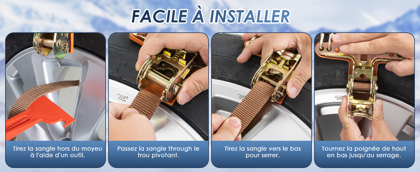 Le texte indique « FACILE À INSTALLER ». Séquence d'instructions montrant les étapes d'installation d'une attache métallique ou d'un mécanisme de fermoir.