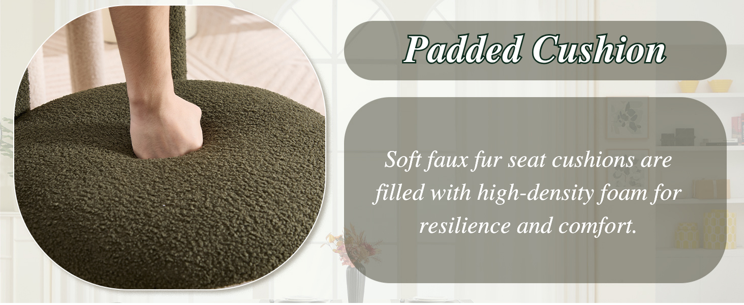 Text reads 'Padded Cushion' and 'Soft faux fur seat cushions are filled with high-density foam for resilience and comfort'.