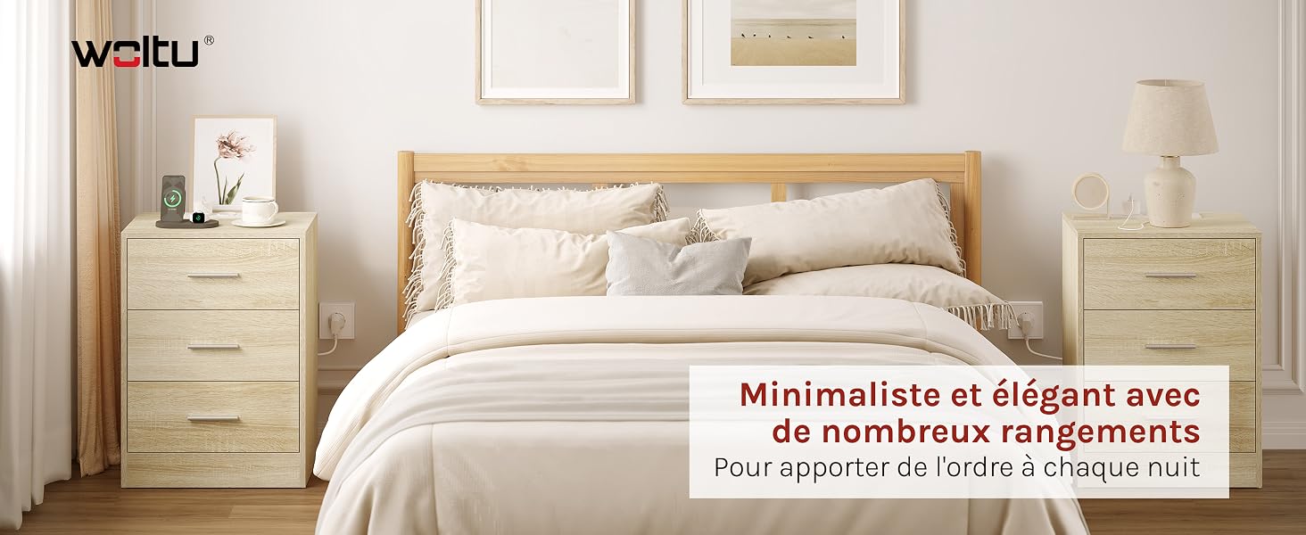 Le texte se lit comme suit : « Weltu » et « Minimaliste et élégant avec de nombreux rangements ». Intérieur de la chambre avec lit en bois, draps beiges, tables de chevet et cadres muraux.