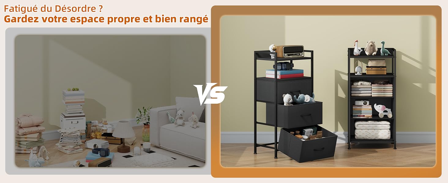 Le texte se lit comme suit : « L'objet de Décoration ! Rangez votre espace propre et bien rangé avec la comparaison « VS ». Solution de rangement avant/après présentant une pièce désorganisée par rapport à un espace bien organisé avec des étagères noires à plusieurs niveaux et des bacs de rangement pour une meilleure gestion de l'espace.