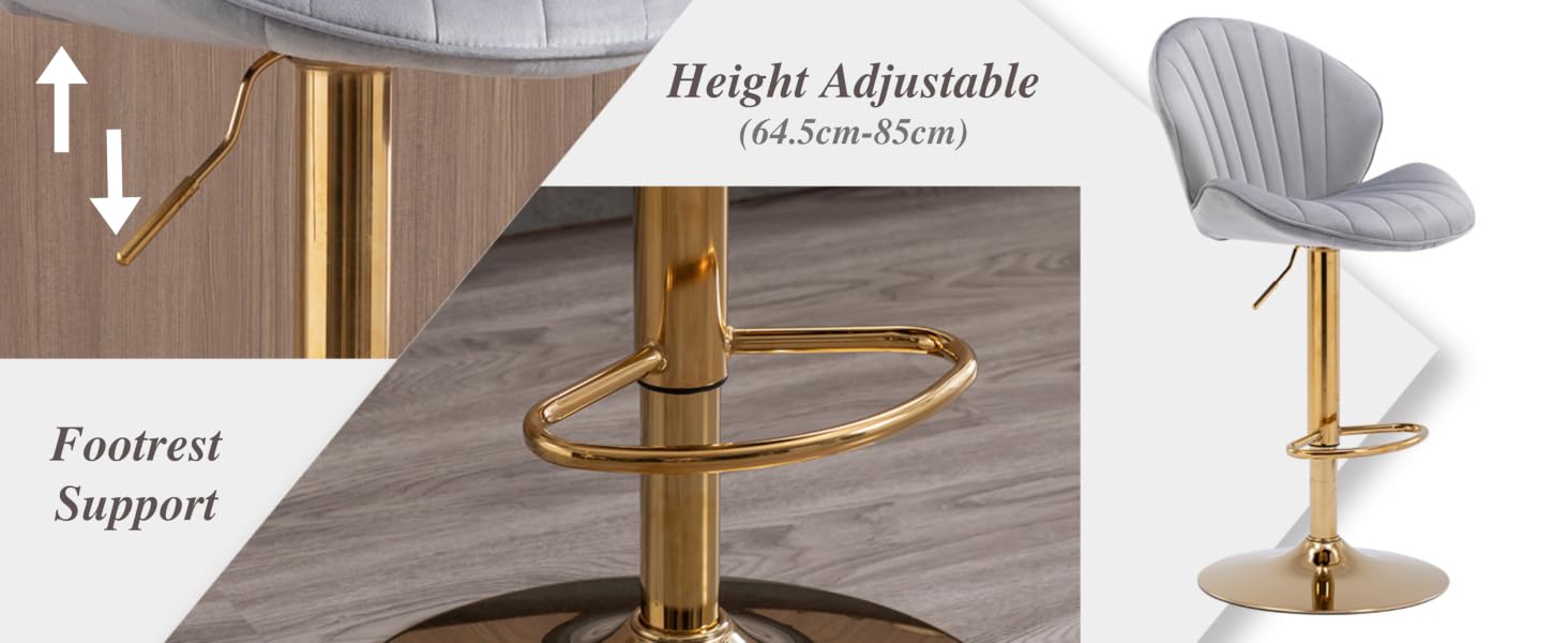 Height-adjustable gold bar stool with gray velvet seat, footrest support, and circular base. Adjusts from 64.5cm to 85cm. Features a curved backrest design.