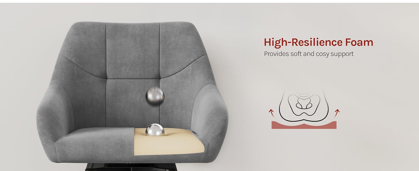 Text reads 'High-Resilience Foam' with logo. Gray upholstered chair or cushion seat with rounded back and button detail.