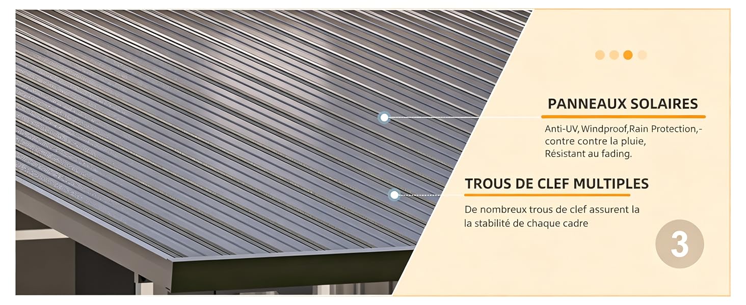 Le texte indique « PANNEAU SOLAIRES » et « TOITS DE CLIPSHEATUS ». Gros plan de la surface de toiture en métal nervuré avec les détails de l'installation du panneau solaire visibles.