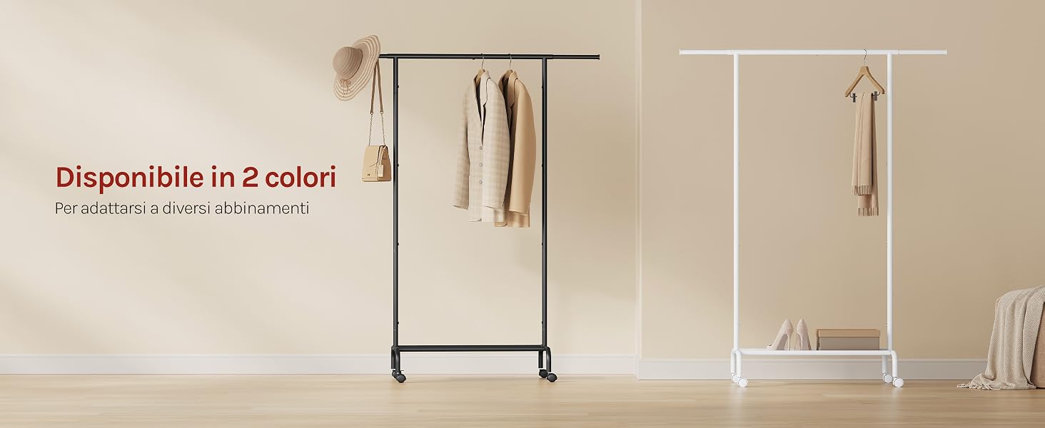 Il testo recita «Disponibile in 2 colori» e «Per adattarsi a diversi abbinamenti». L'esposizione mostra due appendiabiti in metallo con aste appendiabiti nelle finiture bianco e nero, caratterizzati da cornici minimaliste e design regolabili in altezza.