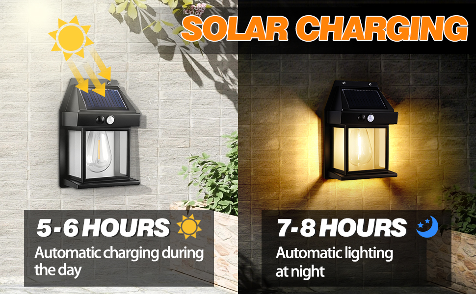 Text reads '5-6 HOURS', '7-8 HOURS', 'Automatic charging during the day', 'Automatic lighting at night'. Series of images showing solar-powered lanterns illuminated at different times.