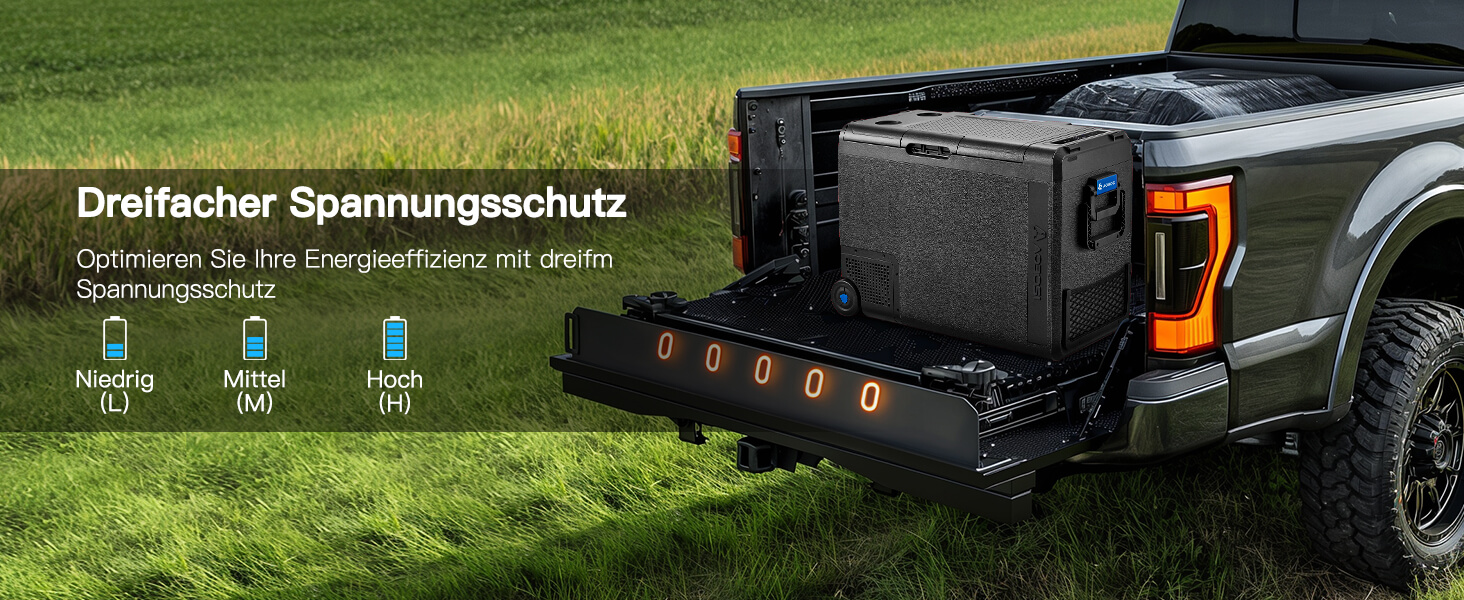 Schwarzes Fahrzeug-Lagersystem mit mehreren Fächern und orangefarbenen Akzenten, präsentiert auf grasbewachsenem Außenbereich mit Textüberlagerung
