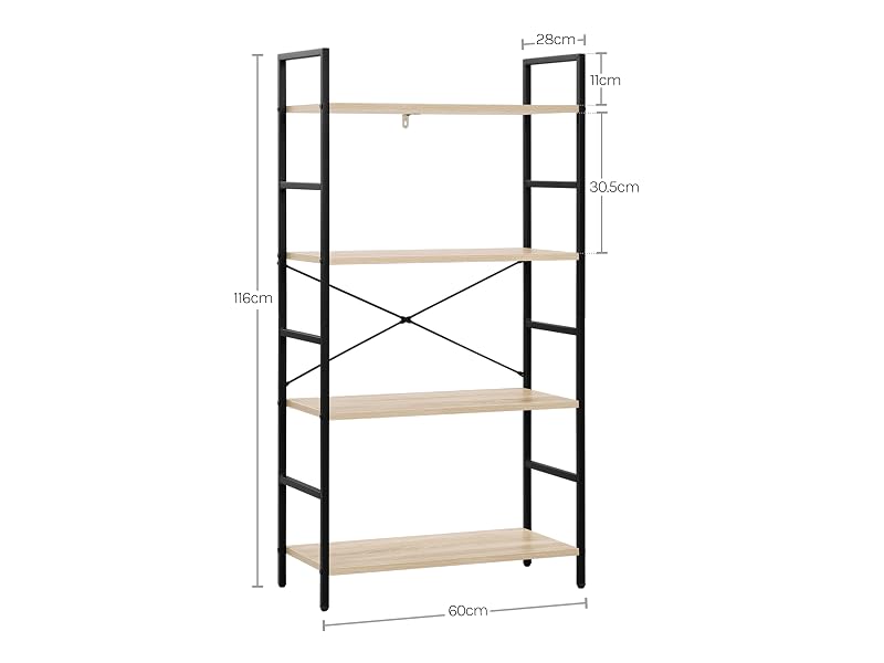 Diagrama de una estantería de 5 niveles con estructura de metal y estantes de madera. Dimensiones mostradas: 23.62 pulgadas de ancho, 11.81 pulgadas de profundidad, 70.87 pulgadas