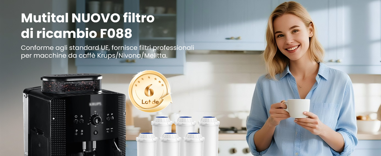 Il testo recita «Multifil NUOVO filtro di ricambio F088» e «Compatibile con tutte le» (il testo continua). Donna che tiene una tazza di caffè accanto alla caffettiera nera con cartucce filtranti bianche visualizzate.