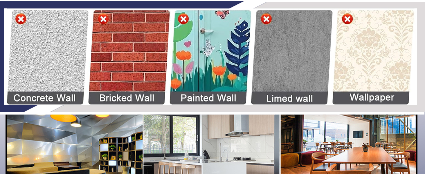 Échantillons de texture de mur : béton, brique, motif floral peint, chaulé et papier peint. Vous trouverez ci-dessous quatre photos de design d'intérieur de cuisine et de salle à manger présentant différentes finitions et styles de murs