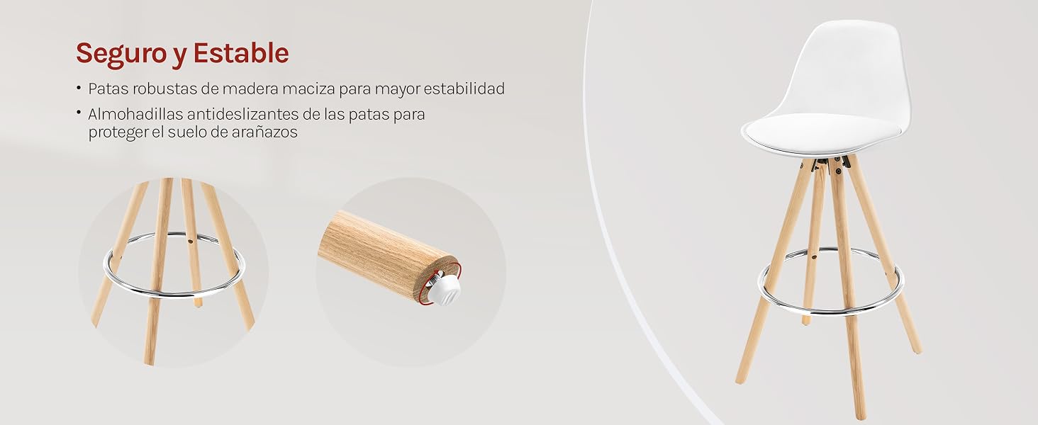 con asiento blanco y patas de madera. Las características incluyen un anillo de reposapiés de metal y protectores de piso de goma. Un objeto cilíndrico parecido a un corcho