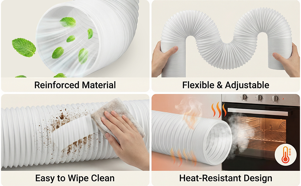 Le texte indique « Matériau renforcé », « Flexible et ajustable », « Facile à nettoyer », « Design résistant à la chaleur ». Quatre panneaux montrant un coussin chauffant strié blanc avec un motif de feuilles vertes, un design flexible, une démonstration de nettoyage et une utilisation résistante à la chaleur.