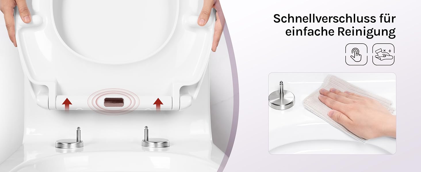 Der Text lautet „Schnellverschluss für einfache Reinigung“. Weiße Toilette mit Bidet-Sprühaufsatz und eingeblendeten Pflegehinweisen.