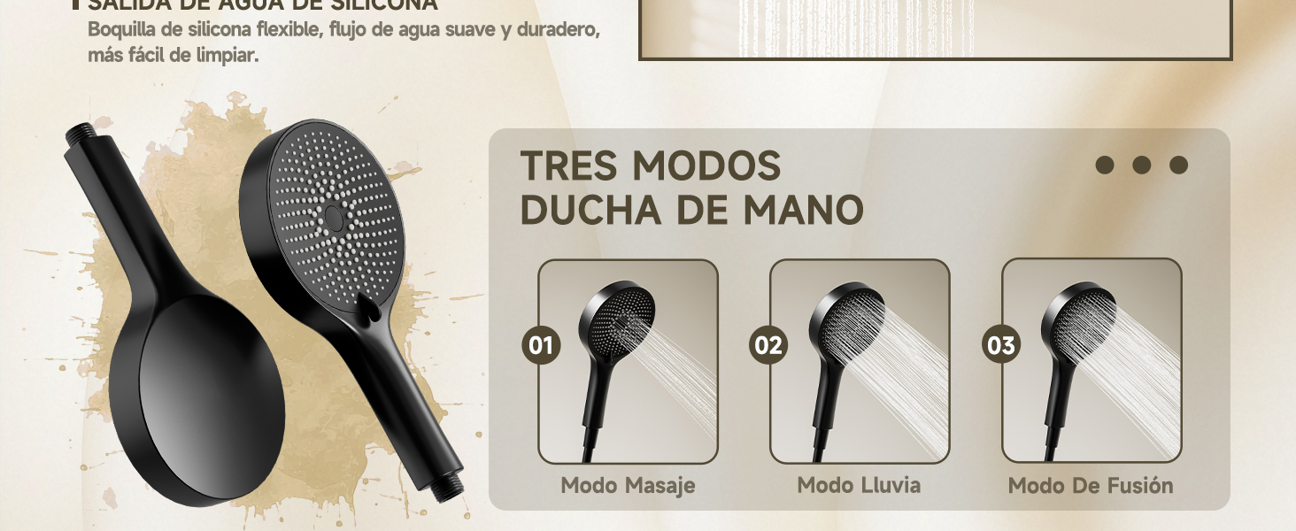 El texto dice «TRES MODOS» y «DUCHA DE MANO». La interfaz del panel de control muestra tres ajustes de modo con diales circulares y una unidad de ducha portátil.