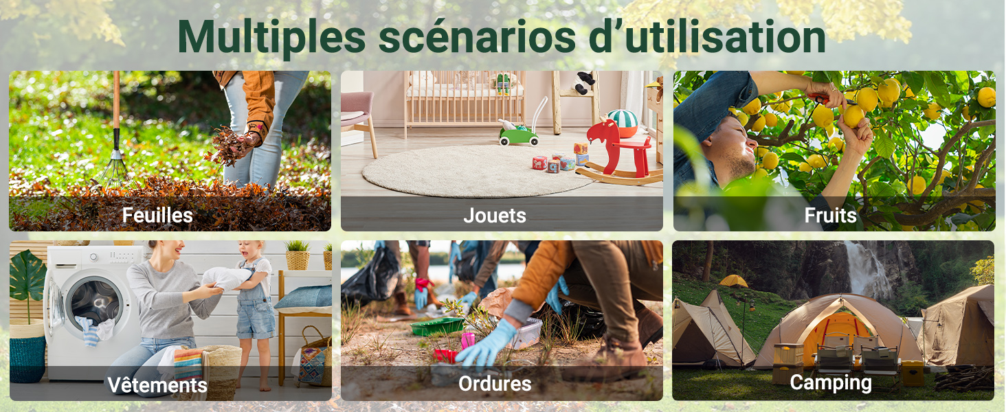 Le texte se lit comme suit : « Multiples scénarios d'utilisation ». Collage de scènes liées à la nourriture montrant diverses situations de cuisine et de repas dans différents contextes.